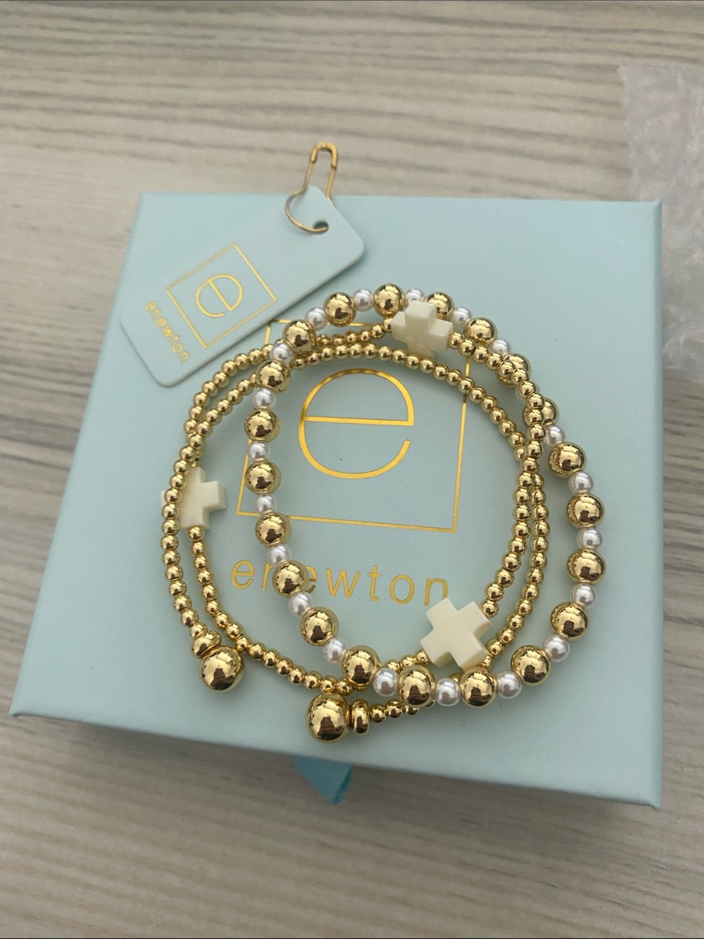 E Newton Gold Beaded Cross Bracelet Set - Gold & White